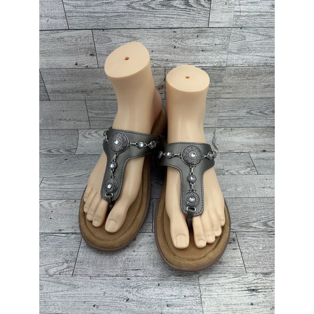 Minnetonka Women 510041 Pewter Grey Leather Medallion 360 Comfort Sandals Sz 7M